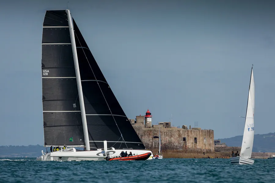 Argo is the first MOCRA multihull into Cherbourg on Rolex Fastnet Race