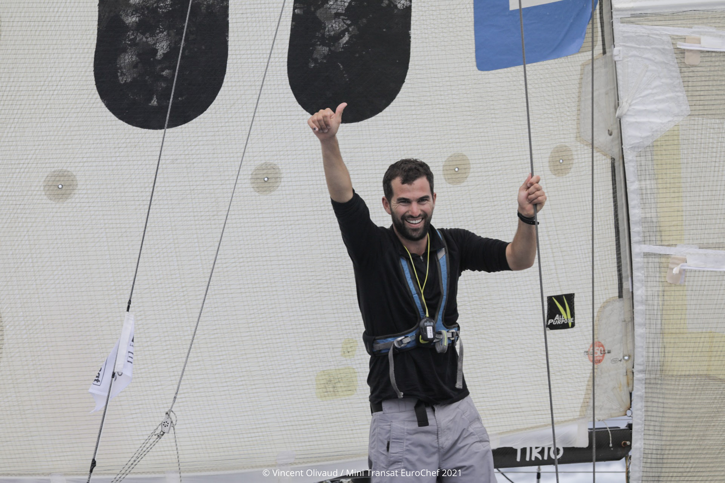 Tanguy Bouroullec first skipper across the line in Mini Transat Leg 1