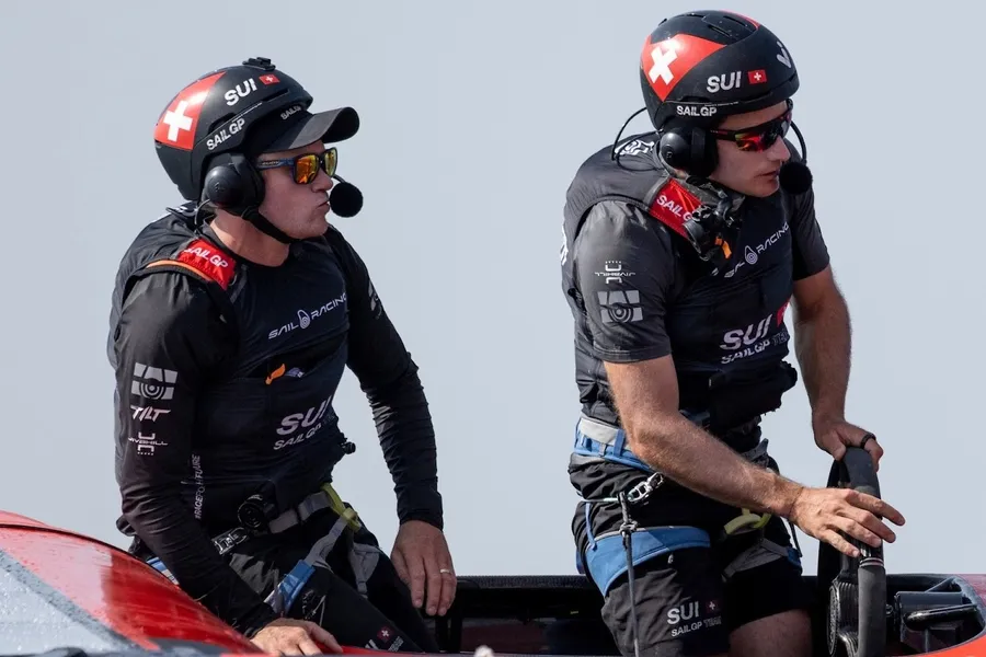 Nathan Outteridge takes the wheel for the Swiss in SailGP